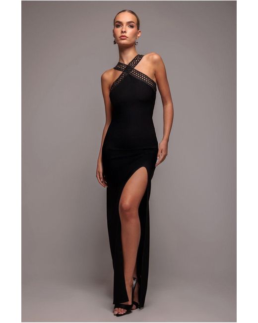 Goddiva Blue Ribbed Criss Cross Halter Neck Maxi Dress With Thigh Split