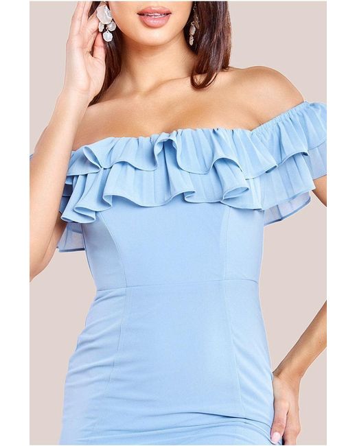 Goddiva Blue Frilled Off The Shoulder Pleated Chiffon Maxi Dress
