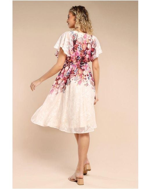 Goddiva Pink Floral Flutter Sleeve Wrap Midi Dress