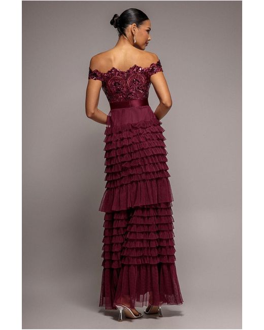 Goddiva Red Scallop Bardot Ruffle Mesh Maxi
