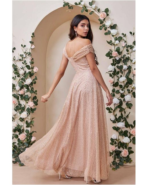 Goddiva Blush Lace Bardot Maxi Evening Fishtail Party Dress Prom Bridesmaid