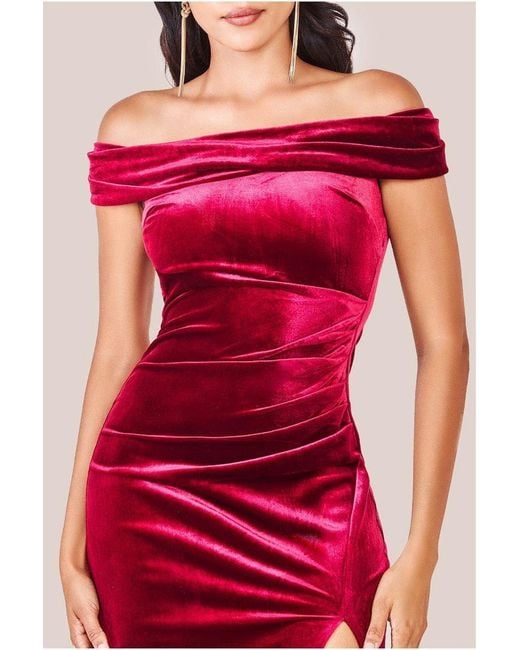 Goddiva Red Velvet Bardot Maxi With Split