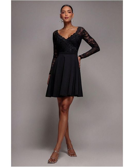 Goddiva Black Off The Shoulder Lace Skater Mini Dress