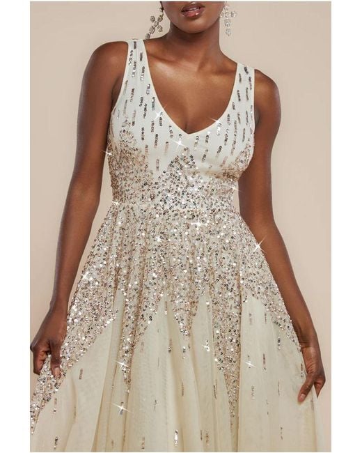 Goddiva Natural Sunray Hand Embellished Sequin A-Line Sleeveless Maxi Dress