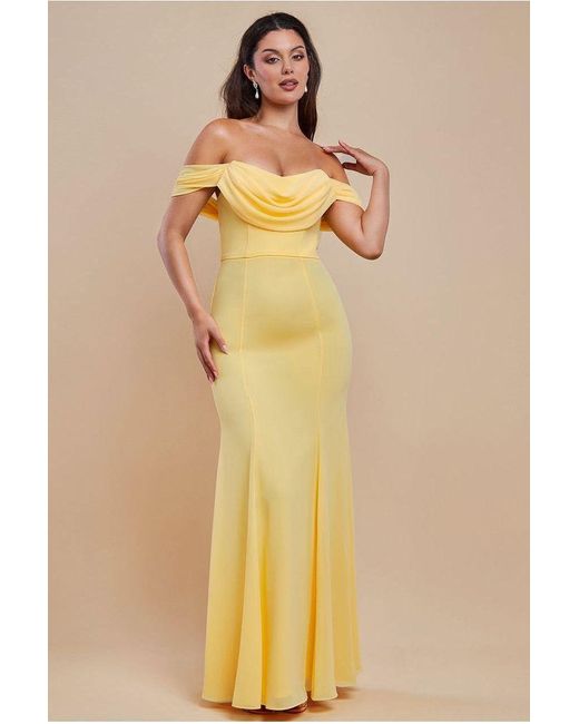 Goddiva Yellow Chiffon Bardot Cowl Neck Maxi Dress