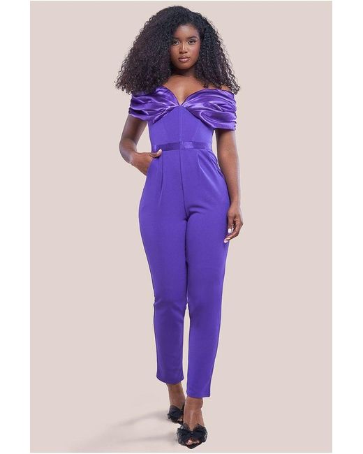 Goddiva Purple Corset Bodice Scuba & Satin Bardot Jumpsuit