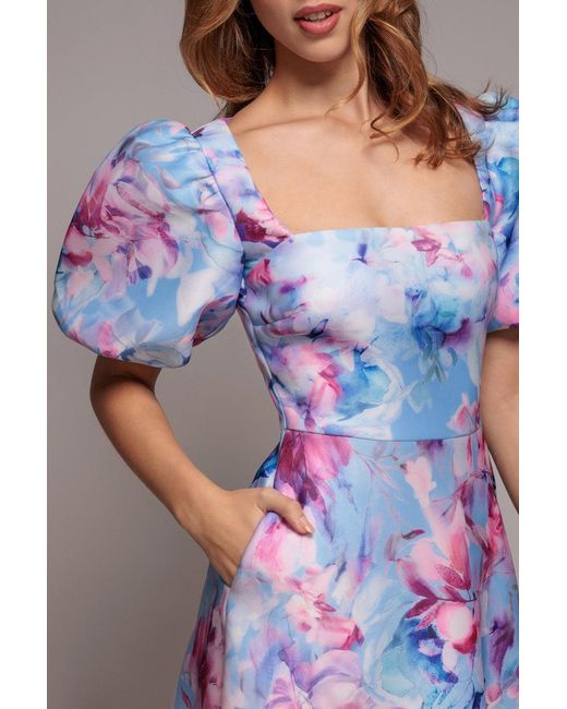 Goddiva Blue Printed Scuba Square Neck Puff Sleeve Midi Dress