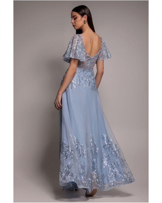 Goddiva Blue Lace Flutter Sleeve Embroidered Mesh A Line Maxi Dress