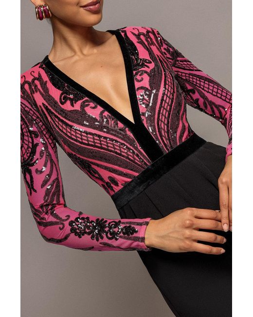 Goddiva Multicolor Deep V Neck Sequin Embroidered Jumpsuit