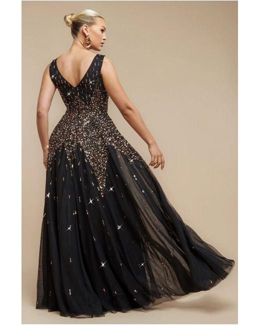 Goddiva Black Sunray Hand Embellished Sequin A-Line Sleeveless Maxi Dress