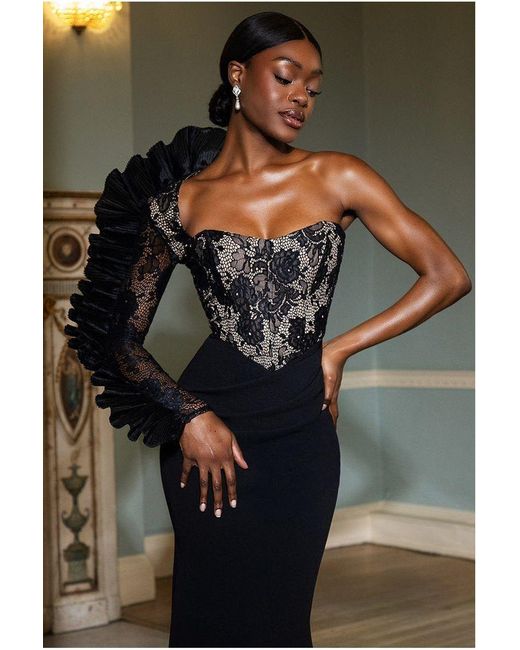 Goddiva Black One Shoulder Organza Fan Detail Lace Bodice Midi Dress