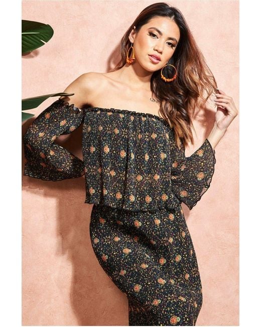 City Goddess Black Off The Shoulder Printed Crop Top