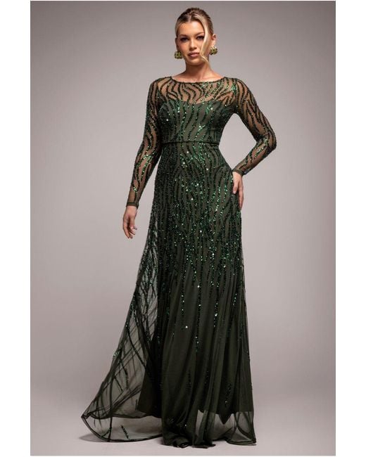 Goddiva Multicolor Ombre Sequin Beaded Flared Long Sleeve Maxi Dress