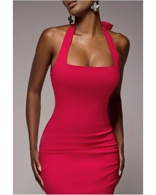 Goddiva Red Halter Neck Puff Hem Mermaid Midaxi Dress