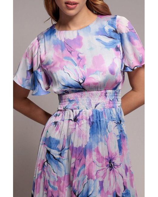 Goddiva Blue Flutter Sleeve Pleated Skirt Floral Midi Dress