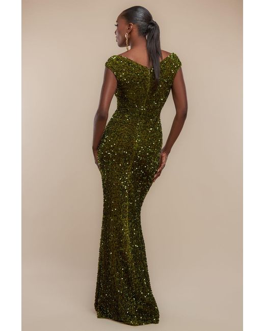 Goddiva Green Multi Sequin & Velvet Bardot Maxi Dress