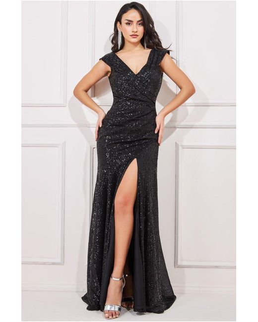 Goddiva Bardot Pleated Maxi Dress - Royal Blue