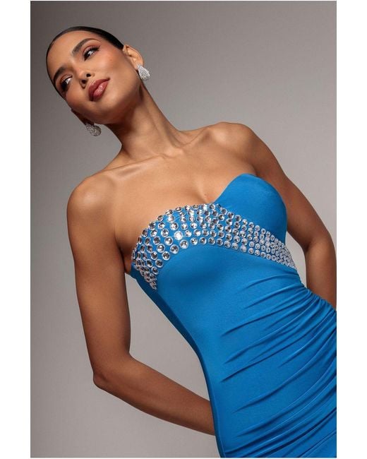 Goddiva Blue Strapless Embellished Rhinestone Mini Dress