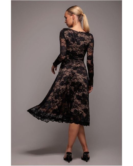 Goddiva Black Scalloped Lace A-Line Midi Dress