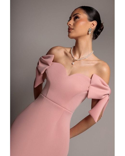 Goddiva Gray Bardot Plunge Neck Bow Sleeve Skater Mini Dress
