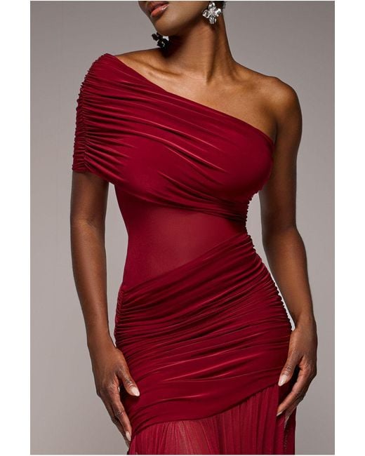 Goddiva Gathered One Shoulder Sheer Panel Maxi Dress