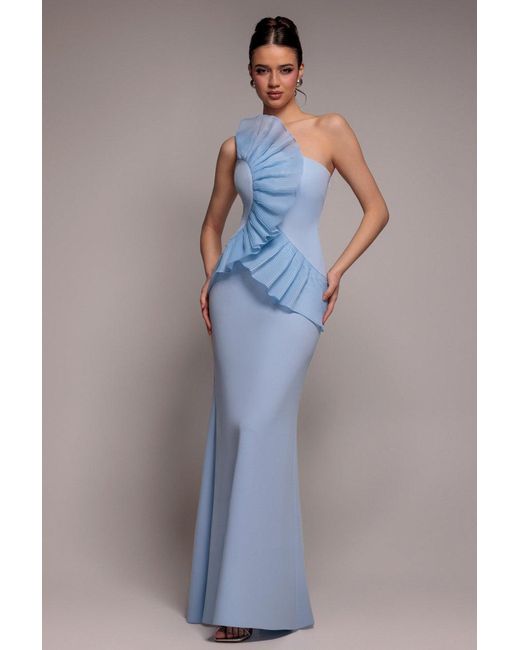 Goddiva Blue One Shoulder Pleated Fan Maxi Dress