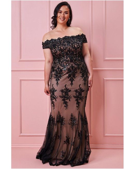 knee length dresses for ladies Goddiva Scalloped Lace Corset Bodice Maxi Dress