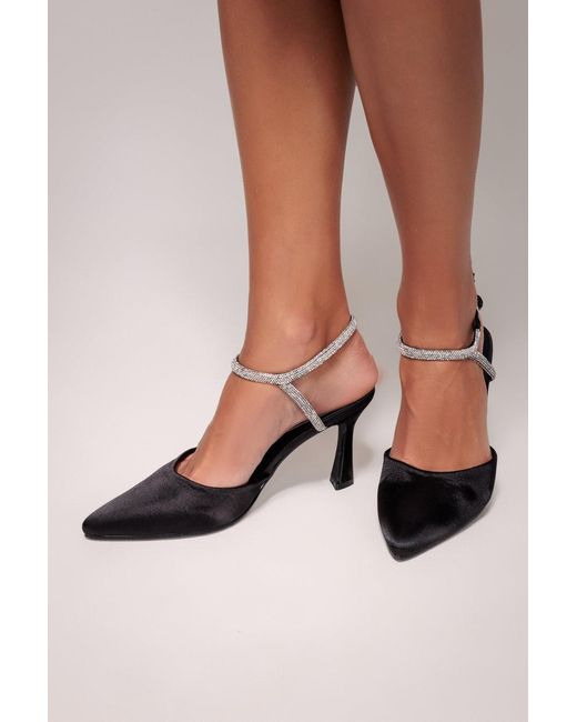 Goddiva Brown Diamante Embellished Satin Slingback Court Heels