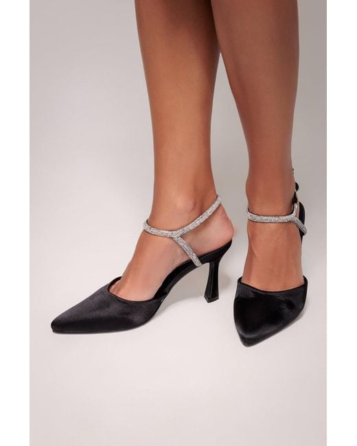 Goddiva Brown Diamante Embellished Satin Slingback Court Heels