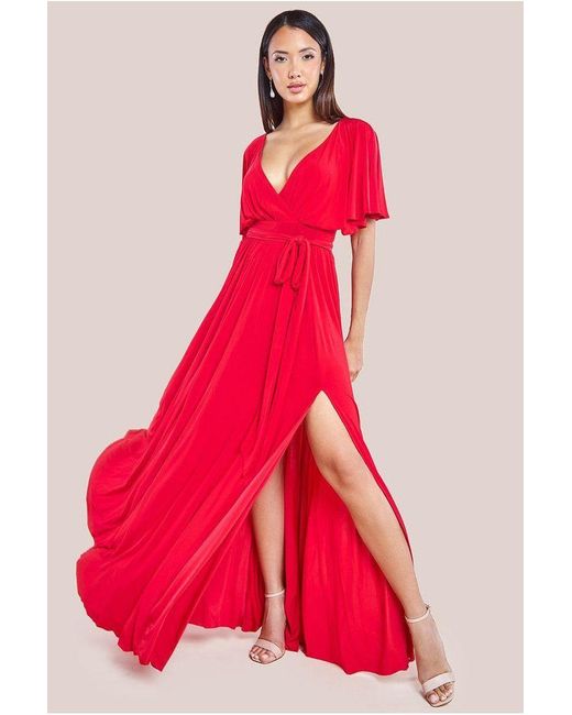 Goddiva Red Wrap Front Maxi With Flutter Sleeves