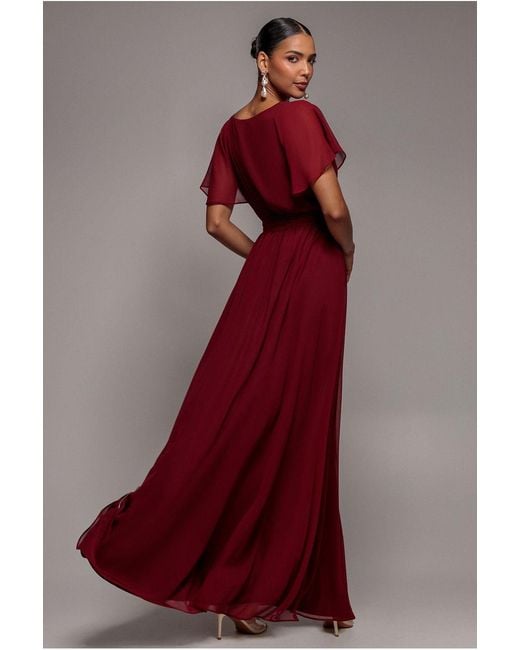 Goddiva Red Sustainable Chiffon Flutter Sleeve Wrap Maxi Dress
