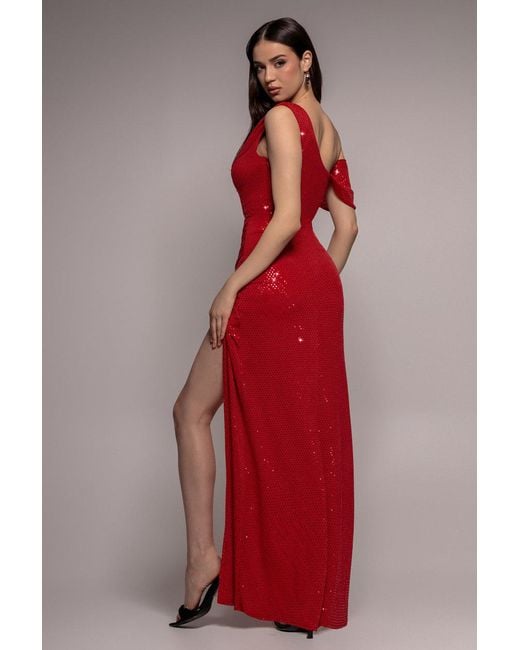 Goddiva Red Cowl Neck Sequin Glitter Draped Maxi Dress