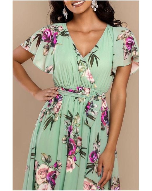 Goddiva Green Sustainable Floral Print Midi Wrap Dress With Flutter Sleeves