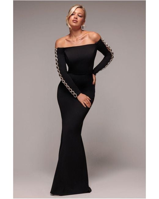 Goddiva Blue Embellished Diamante Sleeve Bardot Maxi Dress