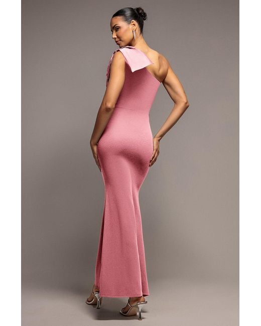 Goddiva Pink One Shoulder Satin Bow Scuba Crepe Maxi Dress
