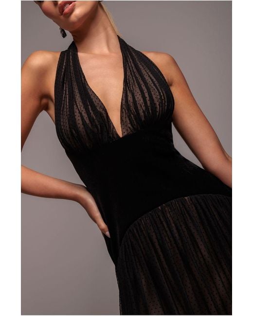 Goddiva Black Velvet And Dobby Mesh A Line Halter Maxi Dress