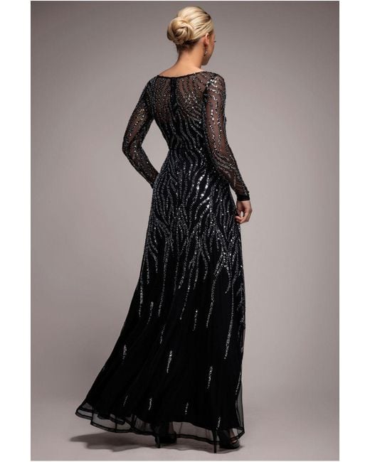 Goddiva Black Ombre Sequin Beaded Flared Long Sleeve Maxi Dress
