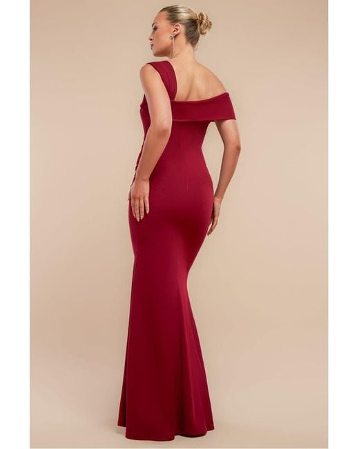 Goddiva Red Off The Shoulder Pleated Waist Maxi Dress