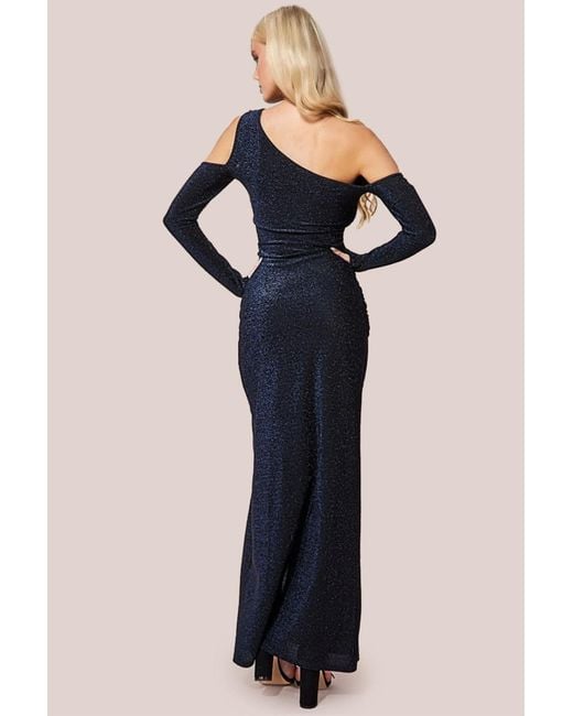 Goddiva Black Cold Shoulder Lurex Maxi With Thigh Split