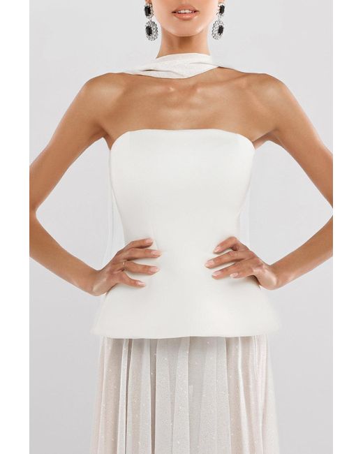 Goddiva Natural Scuba Boobtube Peplum Corset With Gathered A-Line Glitter Chiffon Maxi Skirt & Scarf