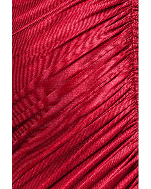 Goddiva Red Slinky Satin One Shoulder Split Maxi Dress