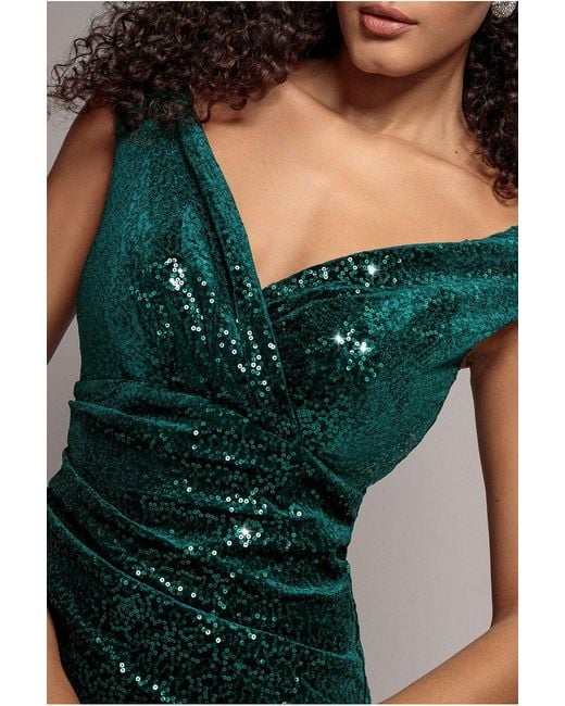 Goddiva Blue Sequin Velvet Bardot Jumpsuit