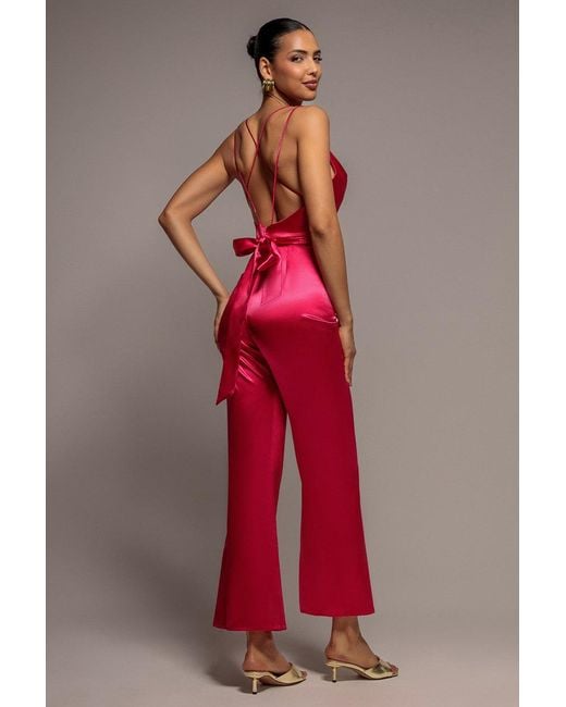 Goddiva Red Satin Cowl Neck Romper