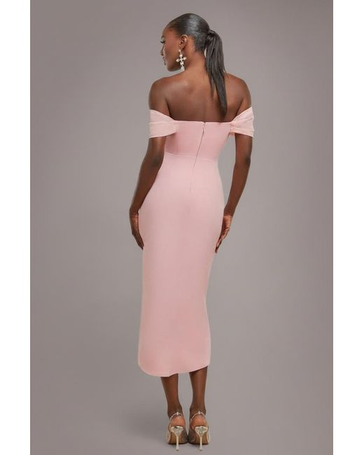 Goddiva Pink Off The Shoulder Chiffon Wing Scuba Crepe Midi Dress