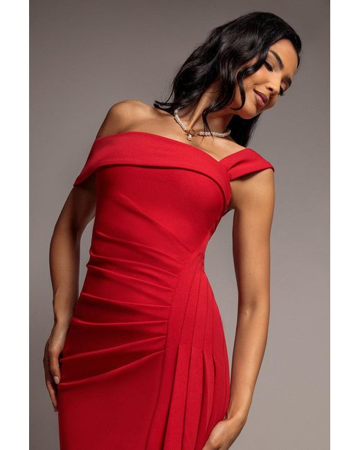 Goddiva Red Off Shoulder Pleated Waist Asymmetric Midaxi Dress