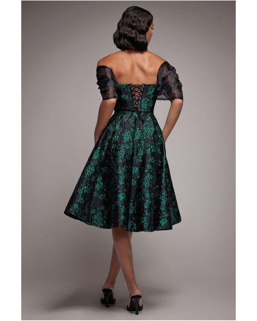 Goddiva Green Lace Up Jacquard Midi Dress With Organza Wings