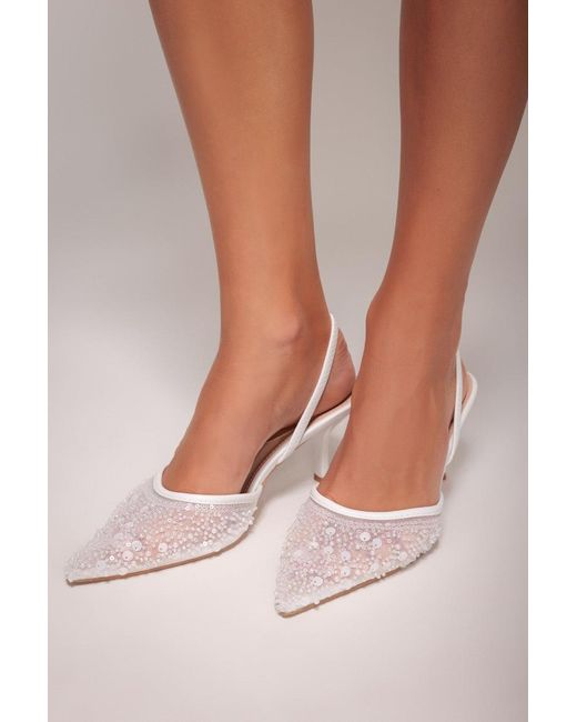 Goddiva Natural Beaded Sequin Low Heel Slingback Shoes