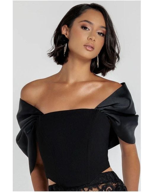 Goddiva Black Off Shoulder Back Satin Bow Scuba Corset