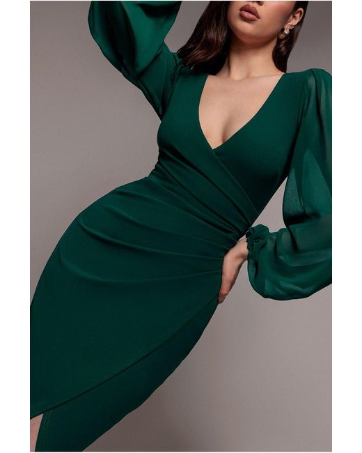 Goddiva Green Scuba & Chiffon Balloon Sleeve Wrap Midi Dress