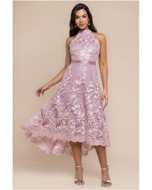 Goddiva Purple Halter Neck Lace High And Low Dress